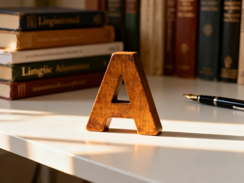 Drewniana litera „A” na biurku w otoczeniu podręczników językowych, ilustrująca naukę angielskiej fonetyki.