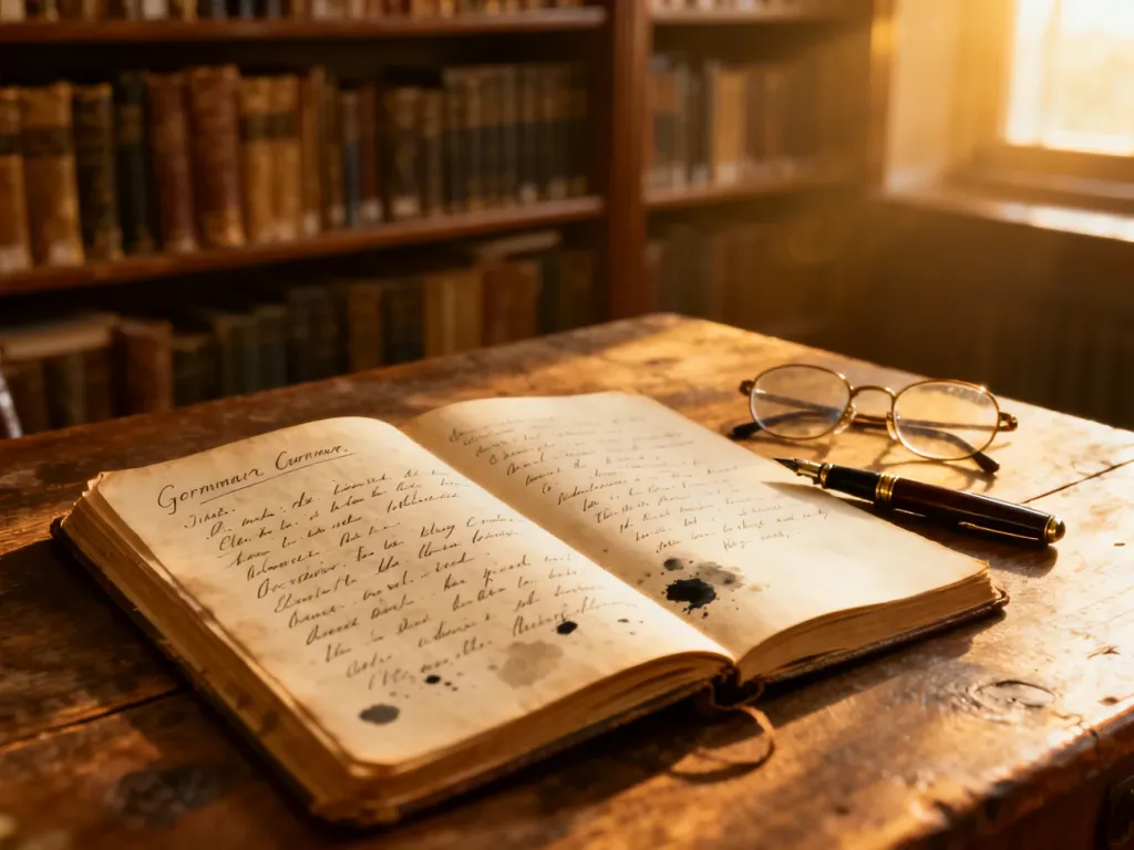 Otwarty notatnik z odręcznymi notatkami gramatycznymi, piórem i okularami na drewnianym biurku w klimacie biblioteki.