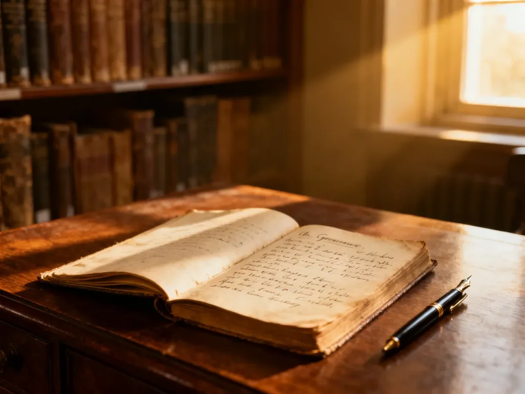 Otwarte notatki z gramatyki na drewnianym biurku w bibliotece, tworzące atmosferę sprzyjającą nauce języka angielskiego.