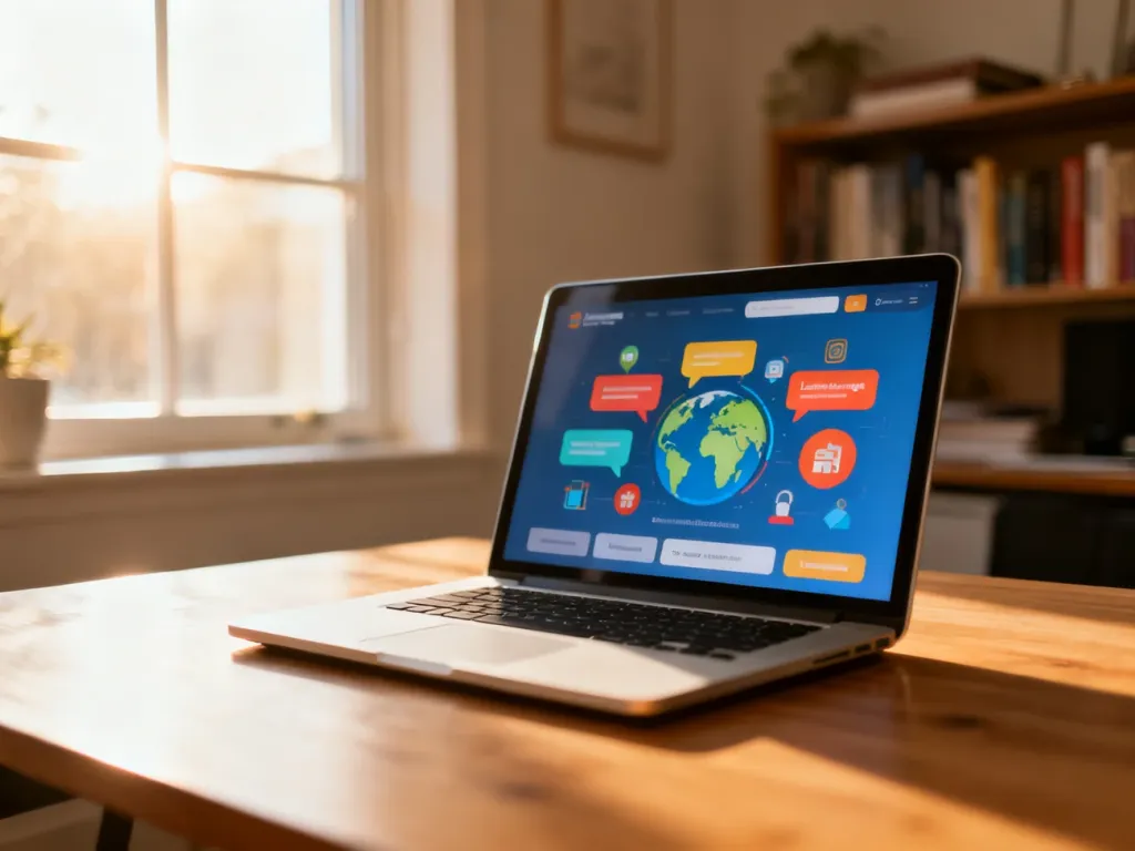 Nowoczesny laptop z otwartą aplikacją do nauki języków na drewnianym biurku, zachęcający do darmowych konwersacji online.