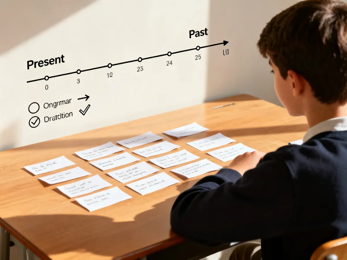 Student studying English tenses with timelines and visual grammar concepts