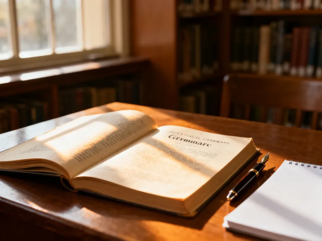 Otwarte podręczniki do gramatyki na drewnianym biurku w przytulnej bibliotece, zachęcające do nauki języka angielskiego.