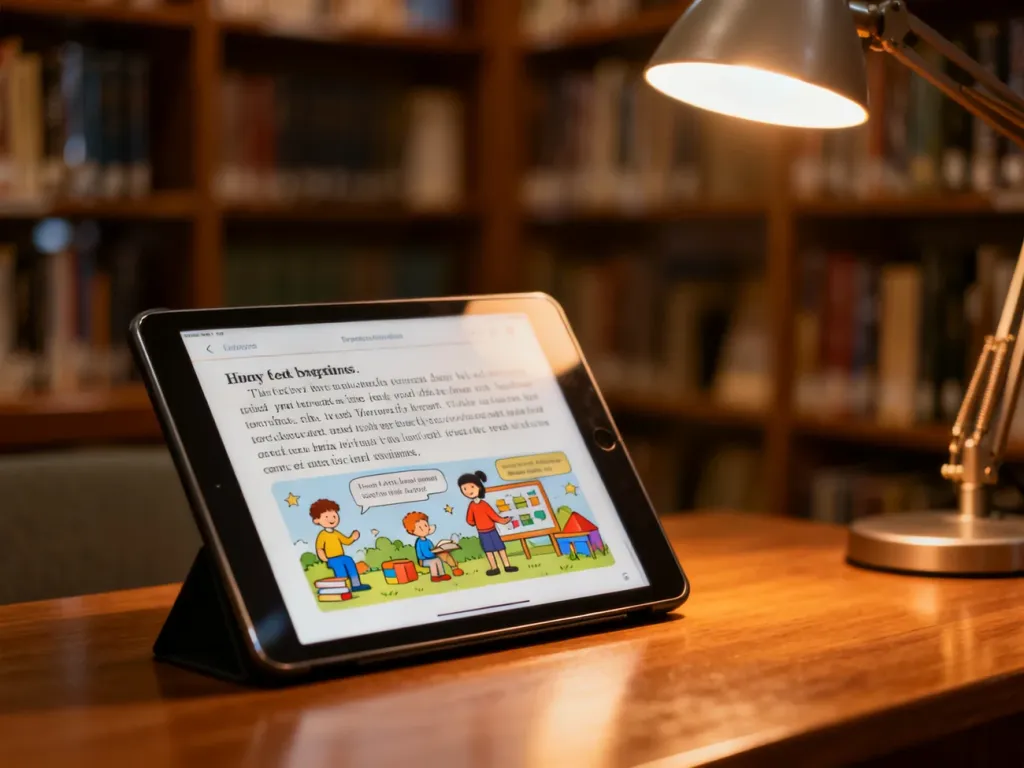 Tablet z otwartym ebookiem do nauki angielskiego na drewnianym biurku w przytulnym, oświetlonym wnętrzu biblioteki.