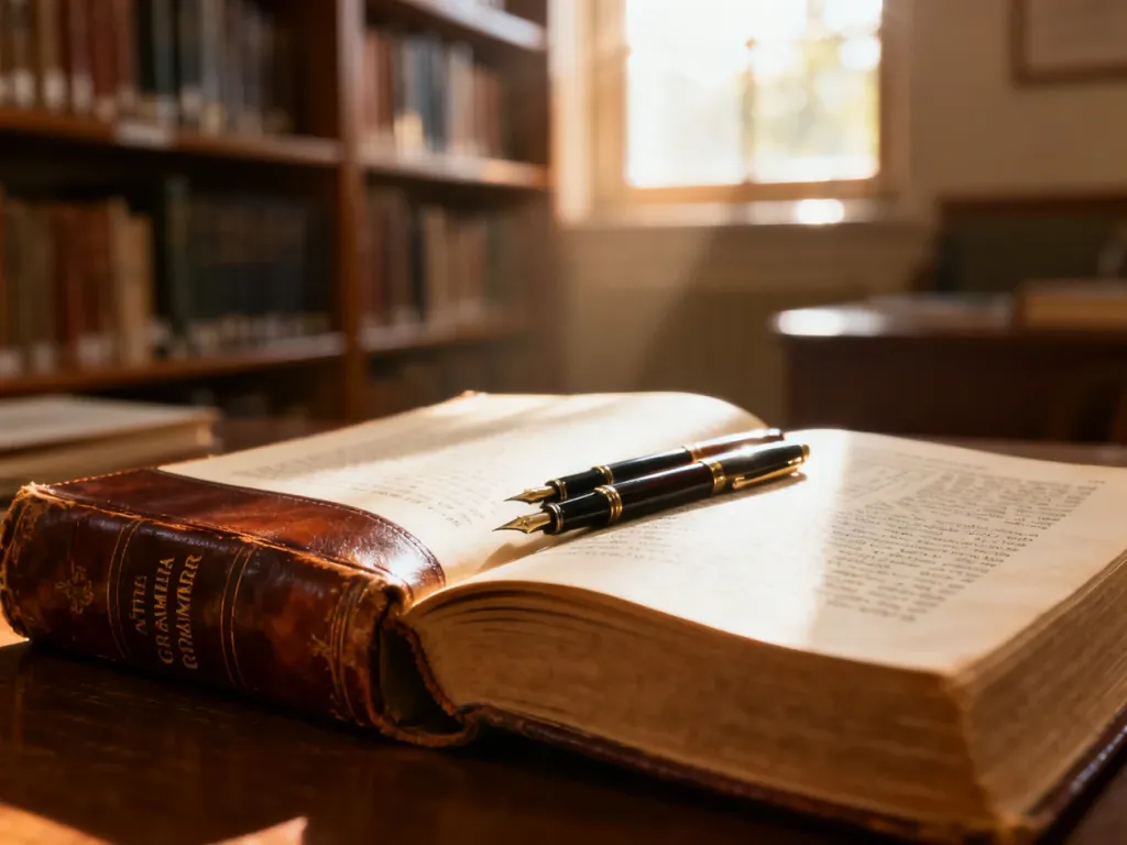 Otwarta zabytkowa książka do gramatyki z piórami na tle przytulnej biblioteki, tworząca atmosferę sprzyjającą nauce języka.