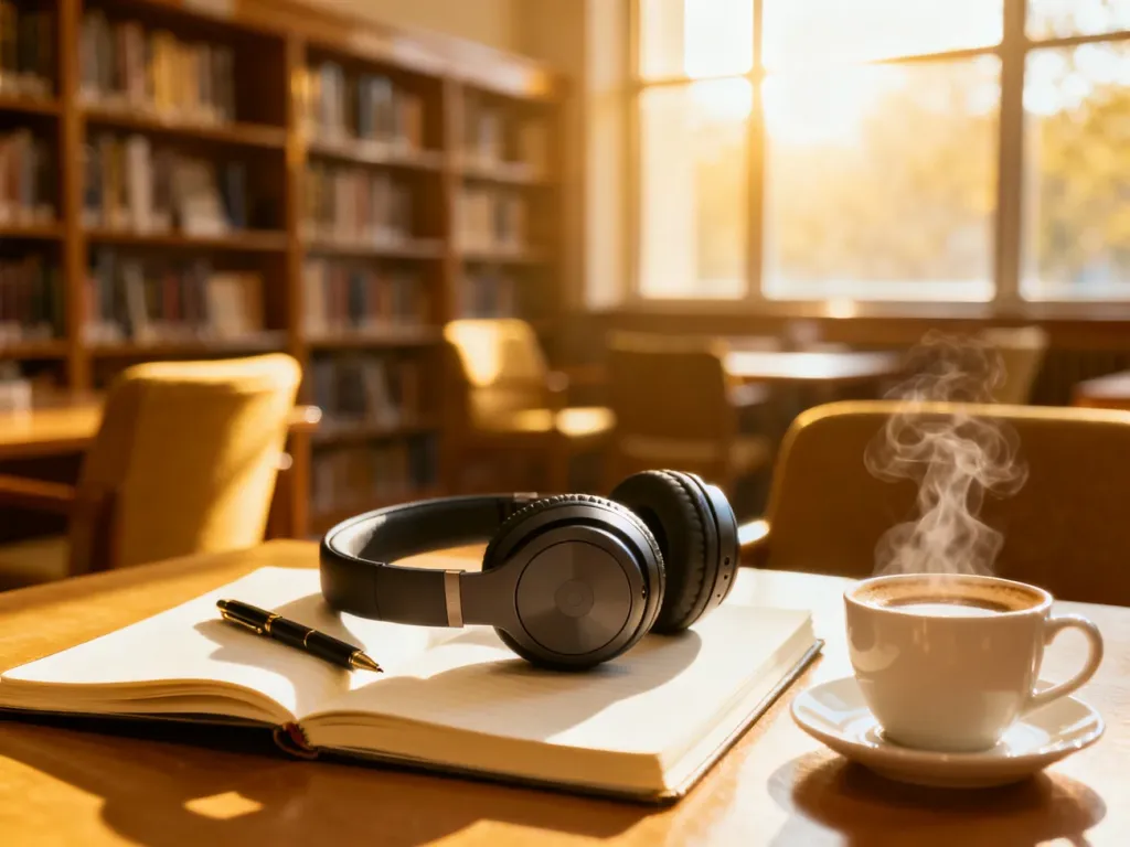 Bezprzewodowe słuchawki, notatnik i kawa w przytulnej bibliotece, zachęcające do nauki angielskiego z podcastami.