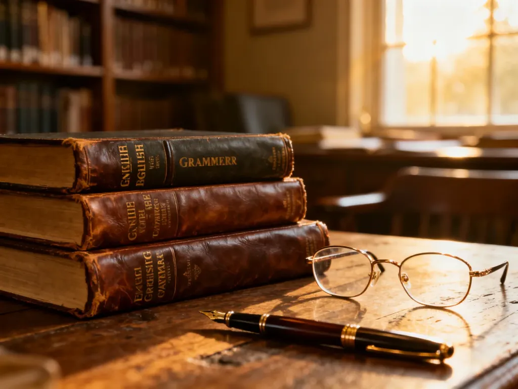 Stos książek do gramatyki angielskiej w oprawie vintage na drewnianym biurku, obok okularów i pióra w przytulnej bibliotece.