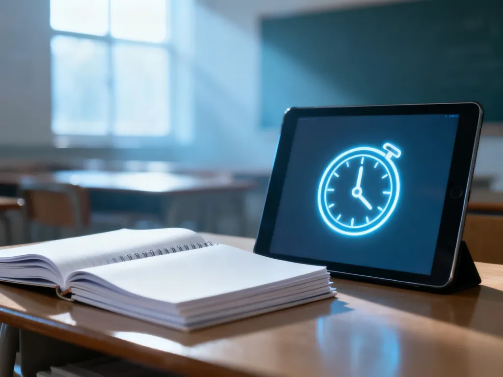 Otwarte zeszyty i tablet z ikoną zegara symbolizujące naukę czasu przyszłego w kontekście edukacyjnym.