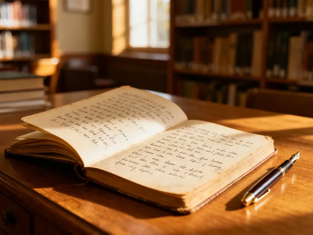 Otwarte notatki z gramatyki angielskiej na drewnianym biurku w przytulnej bibliotece, idealne do nauki zaimków względnych.