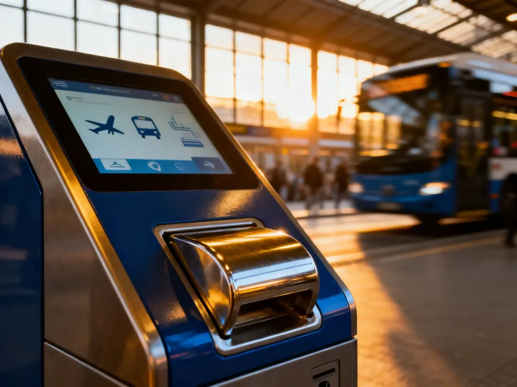 Nowoczesny automat biletowy na przystanku autobusowym z czytelnym interfejsem do wyboru połączeń.