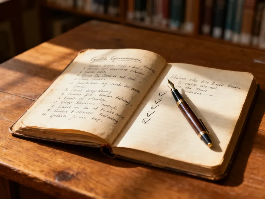 Otwarty notes z odręcznymi notatkami gramatycznymi i rozwiązanymi ćwiczeniami na drewnianym biurku w przytulnym wnętrzu.