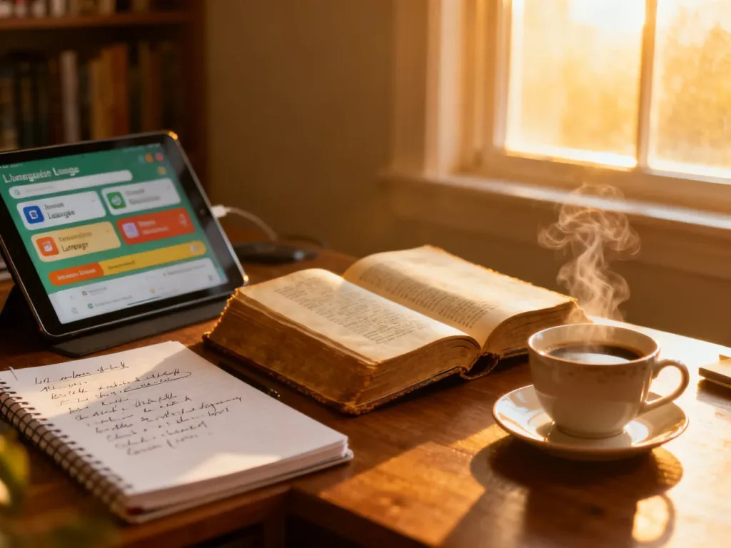 Otwarte książki, tablet z aplikacją do nauki języków i notatnik na biurku, tworzące przytulną atmosferę do nauki angielskiego.
