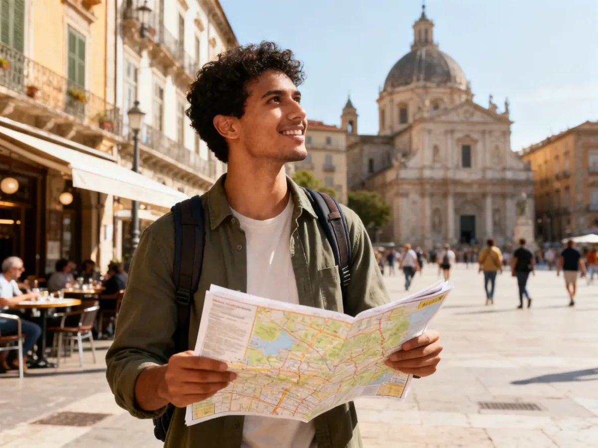 Podróżnik z mapą zwiedzający centrum europejskiego miasta