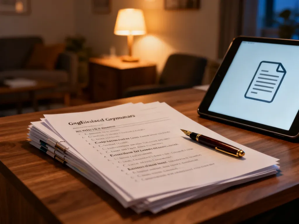 Przytulne biurko z wydrukowanymi ćwiczeniami z angielskiego, piórem i tabletem, gotowe do nauki phrasal verbs.