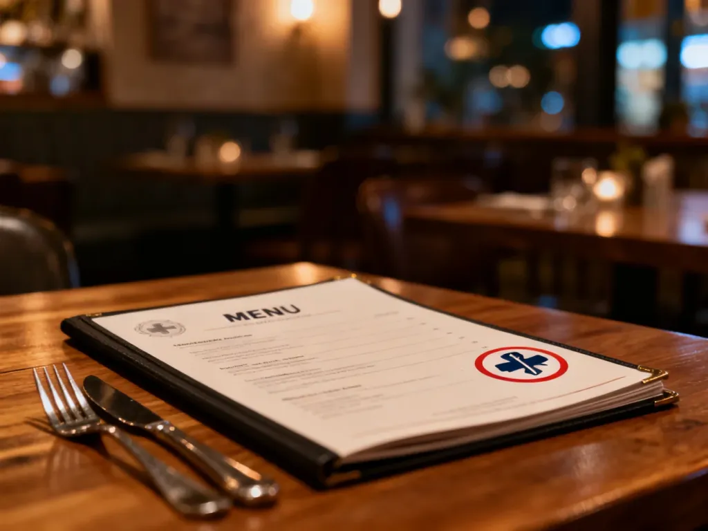 Eleganckie menu w restauracji z ikoną ostrzeżenia medycznego oraz sztućcami, symbolizujące dbałość o bezpieczeństwo alergików.
