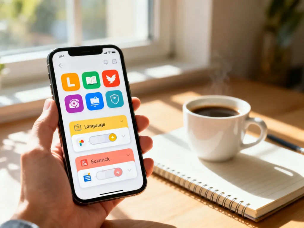 Smartfon z kolorowymi ikonami aplikacji do nauki języka angielskiego w przytulnym, słonecznym otoczeniu.