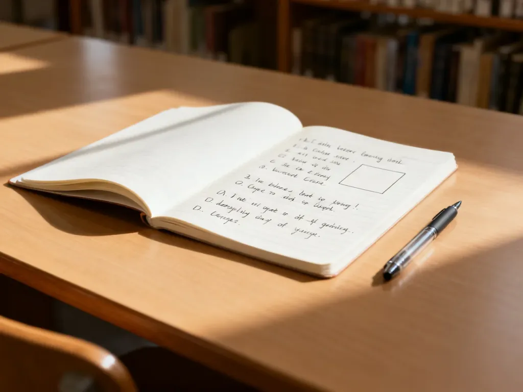 Otwarty notatnik z ćwiczeniami z gramatyki angielskiej na drewnianym biurku w bibliotece.