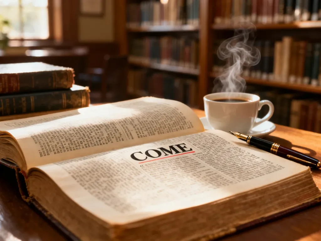 Otwarty słownik z wyróżnionym słowem „COME”, piórem i kawą na tle przytulnej biblioteki, ilustrujący naukę angielskich czasowników.