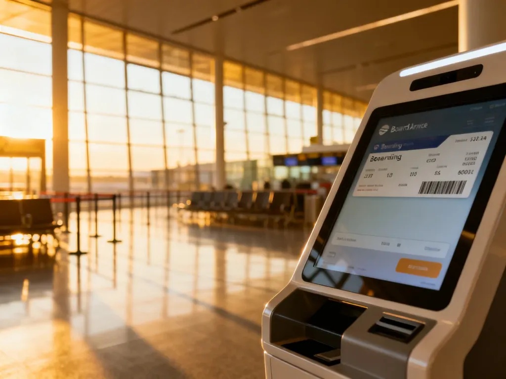 Nowoczesny kiosk samoobsługowy na lotnisku z widocznym interfejsem odprawy pasażerskiej w jasnej hali odlotów.