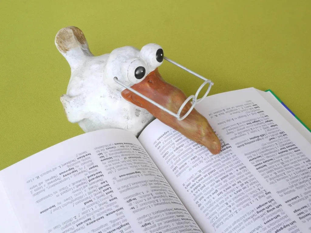 Otwarty słownik i pióro na drewnianym biurku w bibliotece, symbolizujące naukę języka angielskiego.