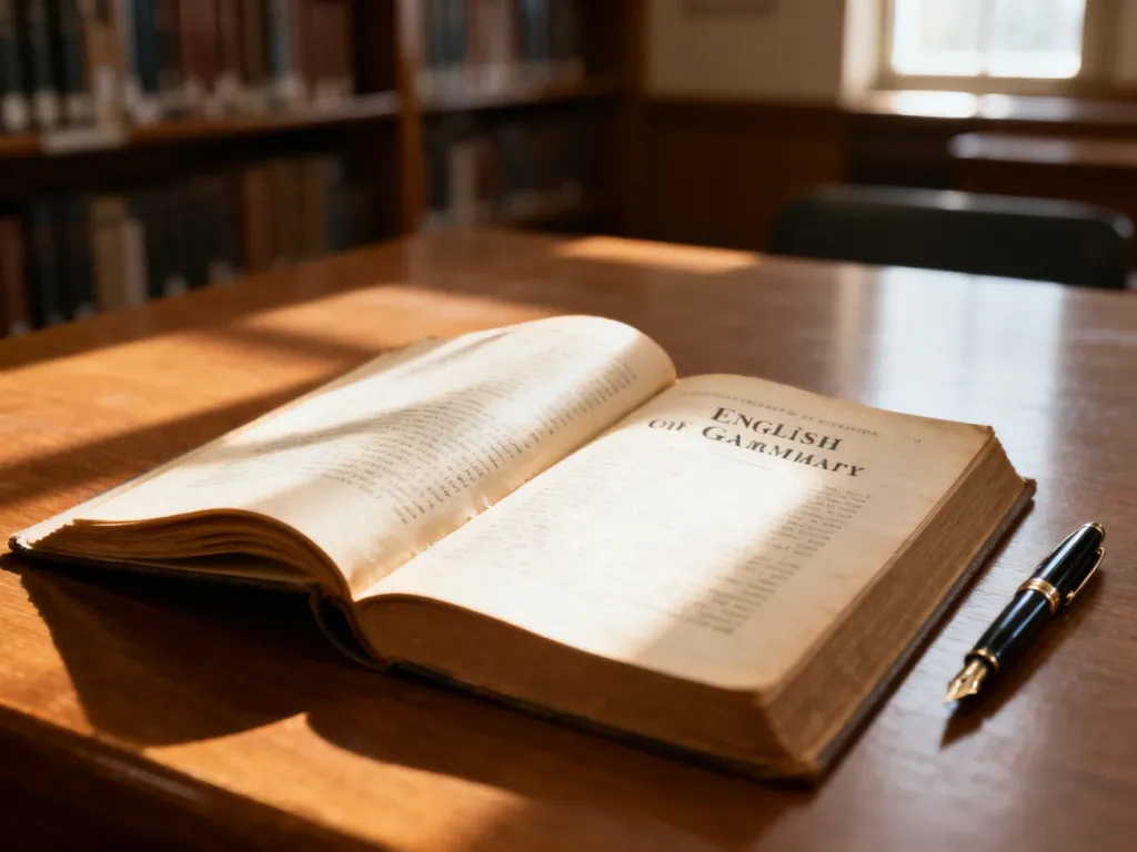 Otwarta zabytkowa książka do gramatyki angielskiej z piórem wiecznym na drewnianym biurku w słonecznej bibliotece.