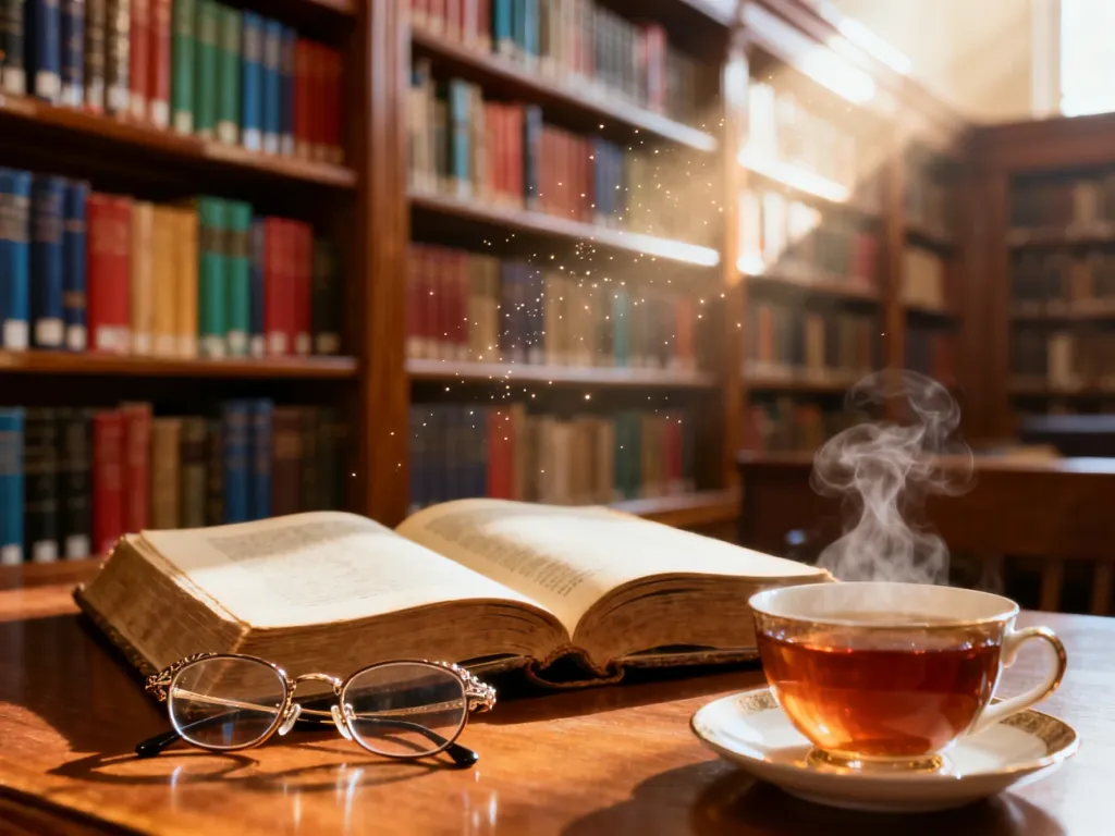 Otwarta książka na drewnianym biurku z okularami i filiżanką herbaty w przytulnej bibliotece, zachęcająca do nauki języka.