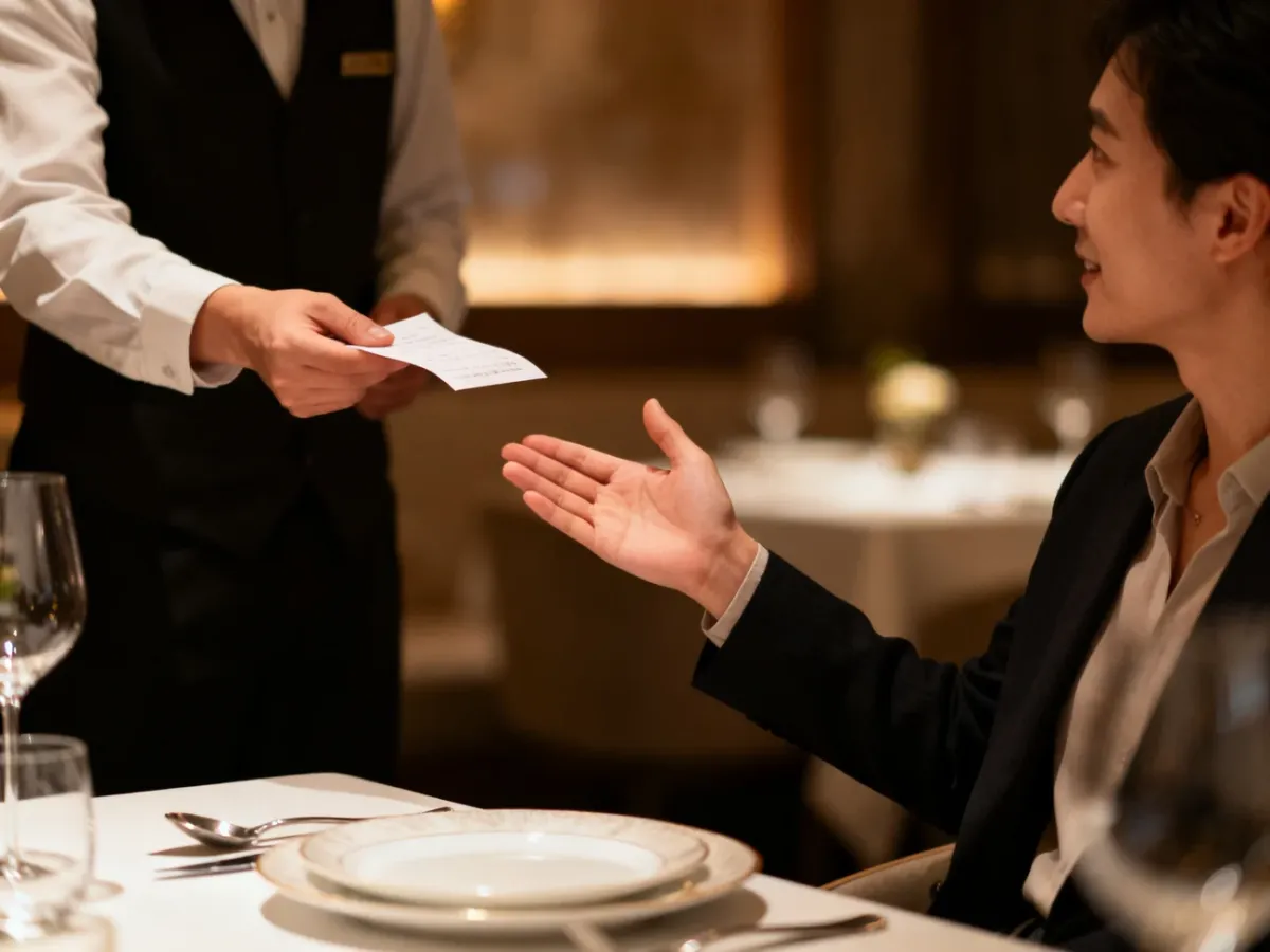 Klient uprzejmie prosi kelnera o rachunek w restauracji